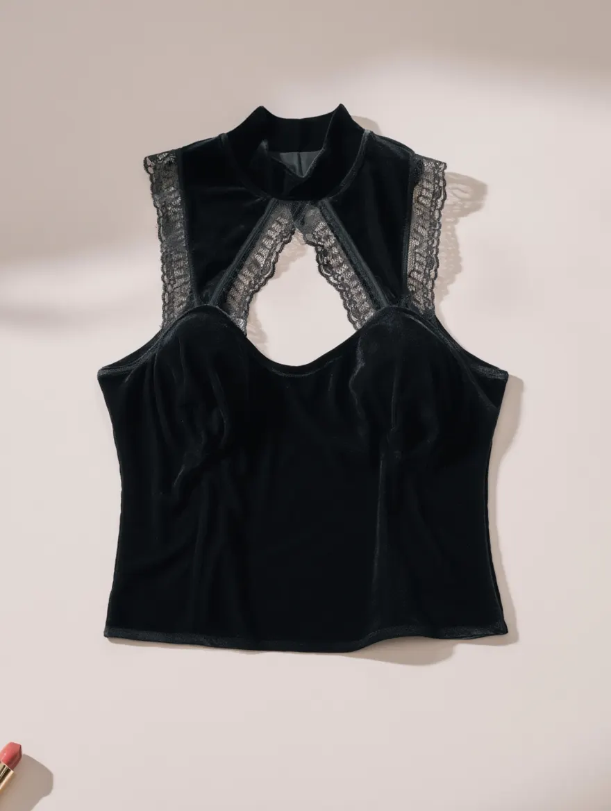 Top Halter de Terciopelo con Encaje