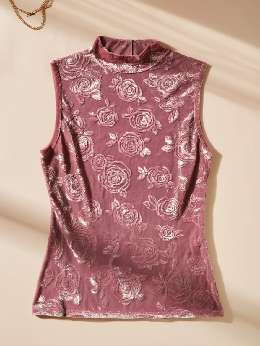 Top de Terciopelo Rosa con Patrón de Rosas