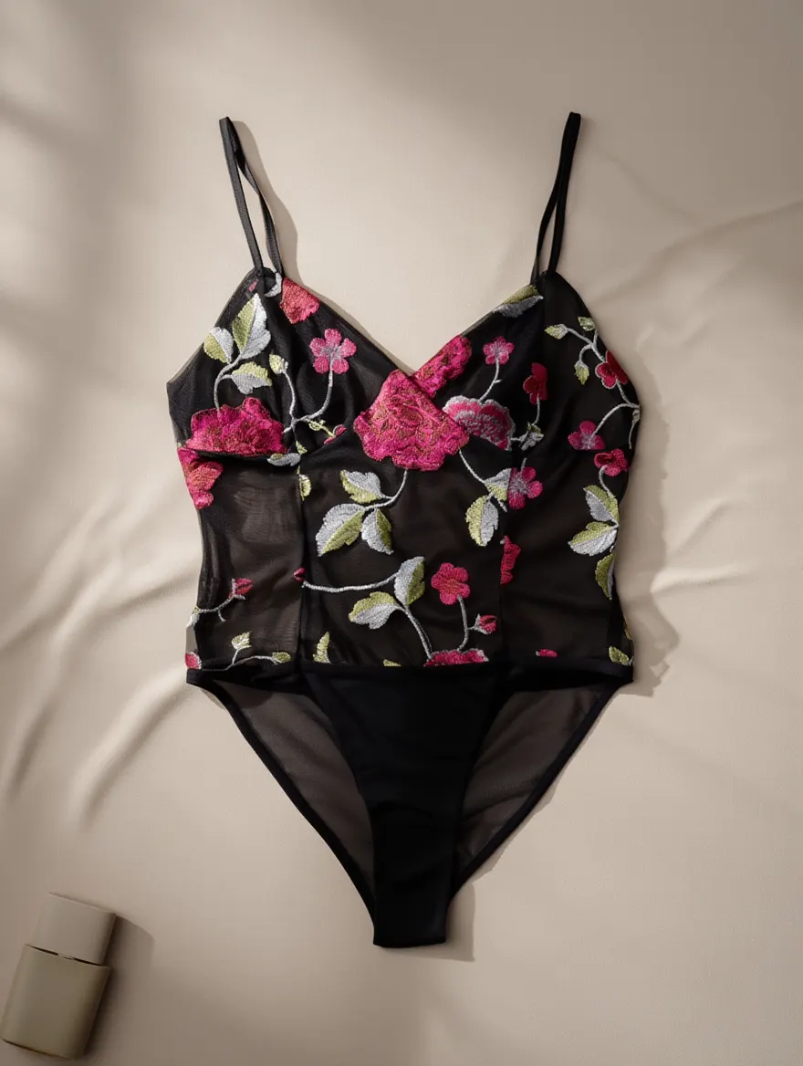 Body Negro con Bordado Floral