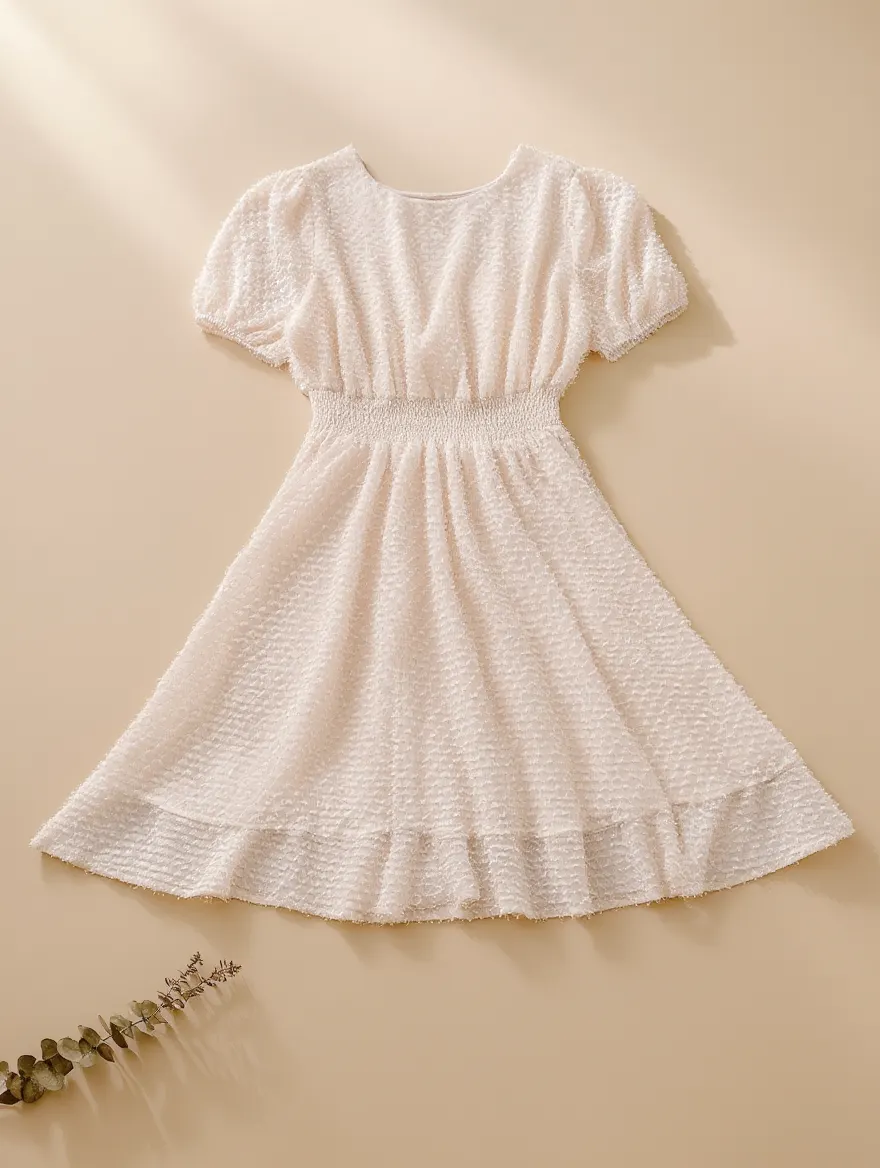 Vestido Beige con Mangas Abullonadas