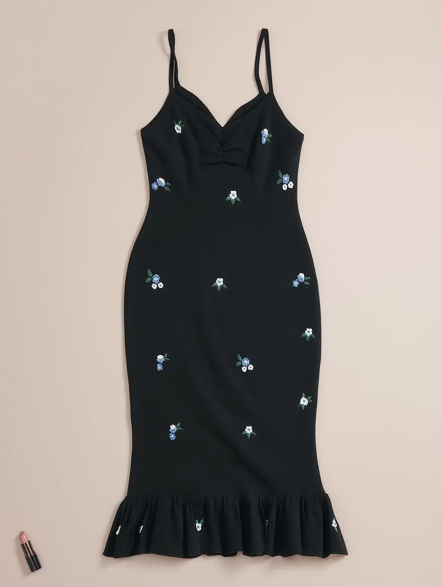 Vestido Negro de Punto con Bordado Floral Azul