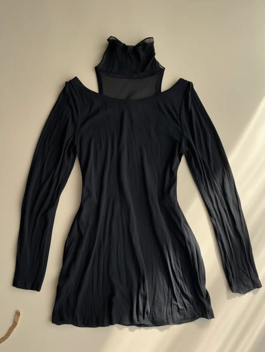 Vestido Negro con Cuello de Malla