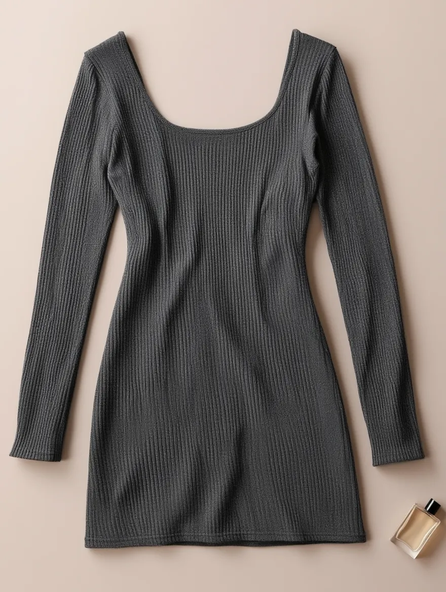 Vestido Gris de Punto Escote Cuadrado