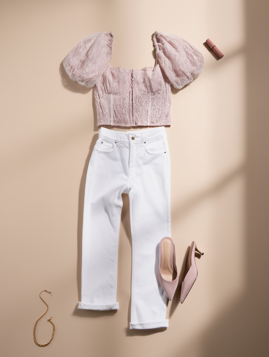 Outfit con Blusa Rosa Corta. Otras prendas y accesorios no incluidos.