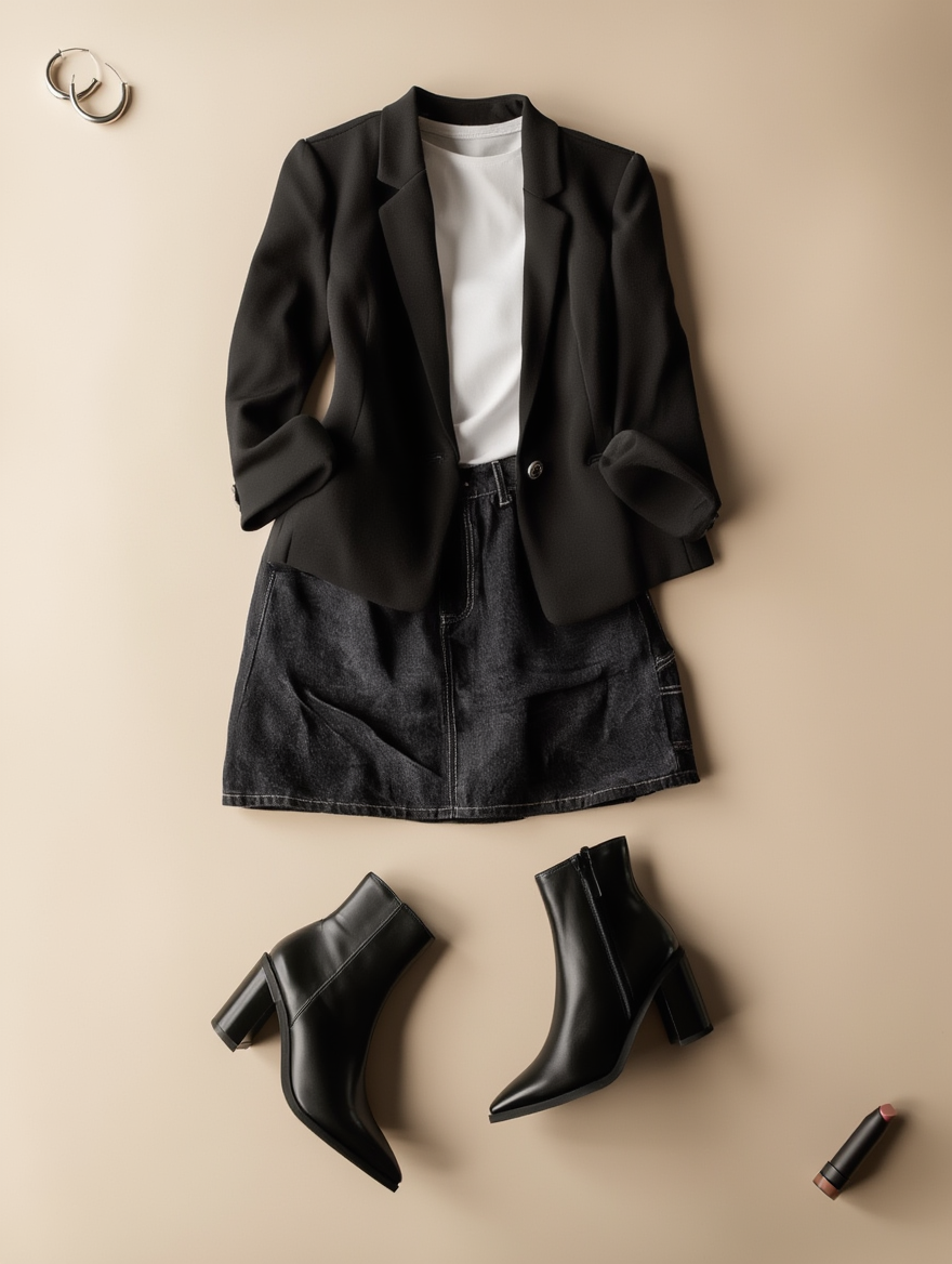 Outfit con Mezclilla Negra. Otras prendas y accesorios no incluidos.