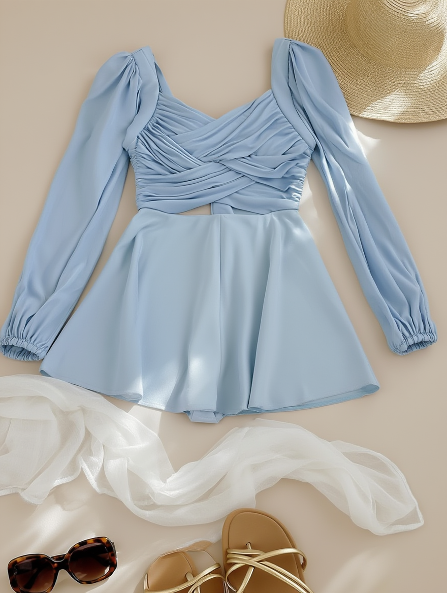Outfit con Traje de Baño Drapeado Manga Larga. Otras prendas y accesorios no incluidos.