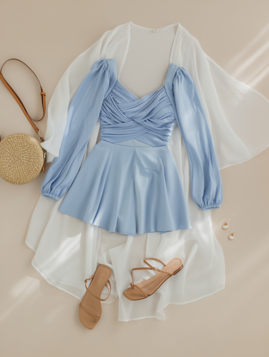 Outfit con Traje de Baño Drapeado Manga Larga. Otras prendas y accesorios no incluidos.