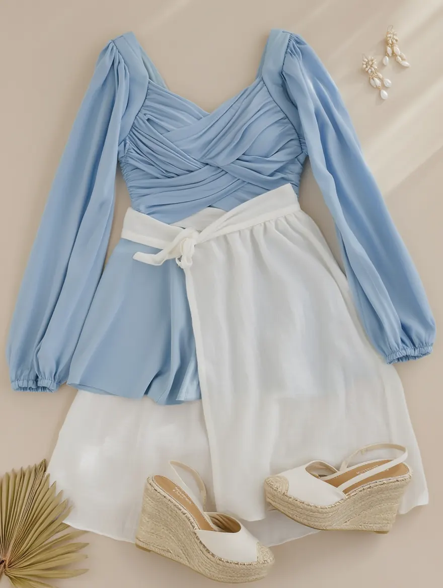 Outfit con Traje de Baño Drapeado Manga Larga. Otras prendas y accesorios no incluidos.