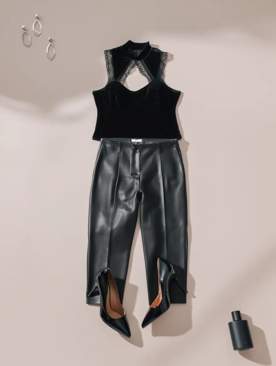 Outfit con Top Halter de Terciopelo con Encaje. Otras prendas y accesorios no incluidos.