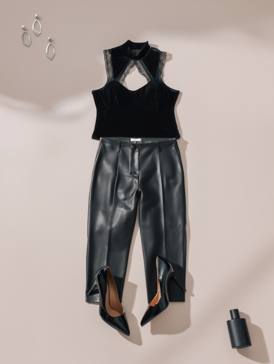 Outfit con Top Halter de Terciopelo con Encaje. Otras prendas y accesorios no incluidos.