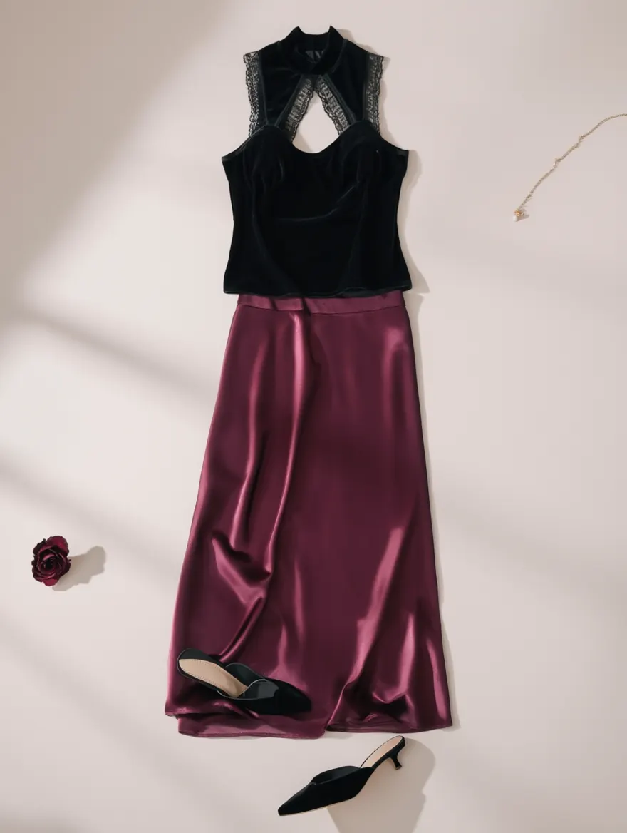 Outfit con Top Halter de Terciopelo con Encaje. Otras prendas y accesorios no incluidos.