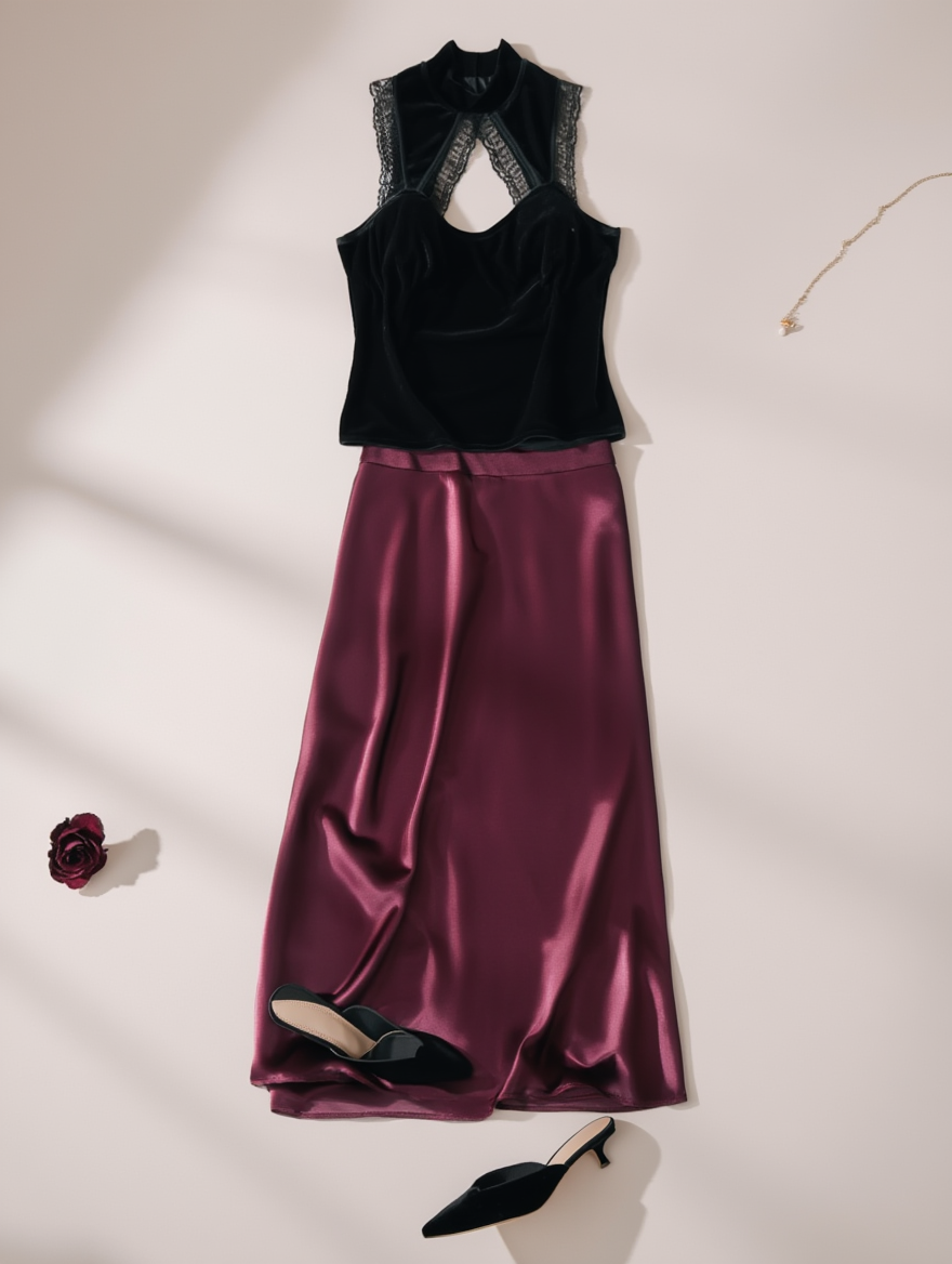 Outfit con Top Halter de Terciopelo con Encaje. Otras prendas y accesorios no incluidos.