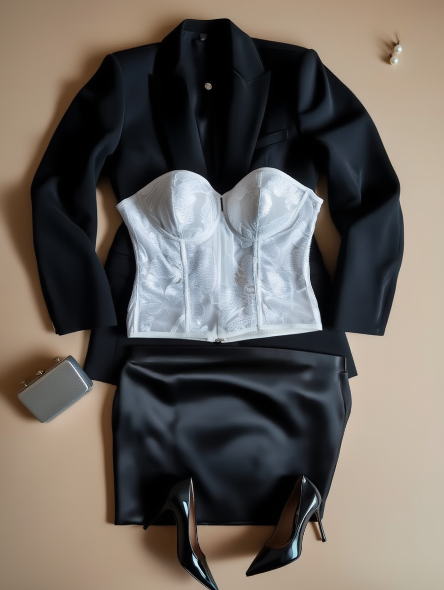 Outfit con Corsé Blanco Strapless con Encaje Floral. Otras prendas y accesorios no incluidos.