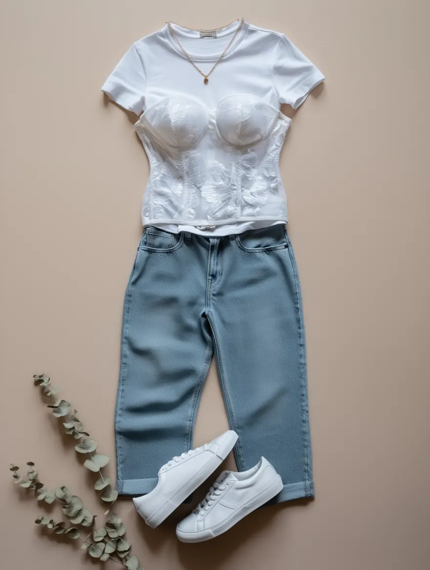 Outfit con Corsé Blanco Strapless con Encaje Floral. Otras prendas y accesorios no incluidos.