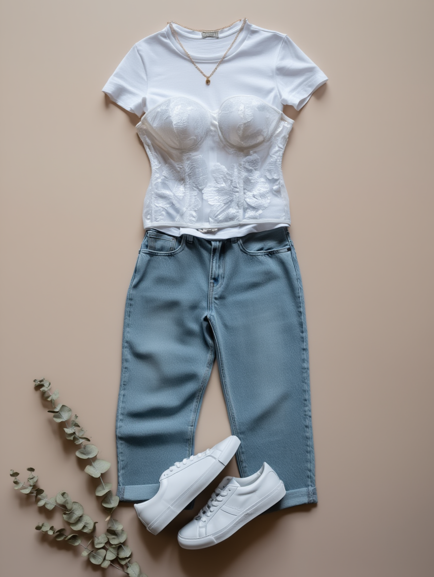 Outfit con Corsé Blanco Strapless con Encaje Floral. Otras prendas y accesorios no incluidos.