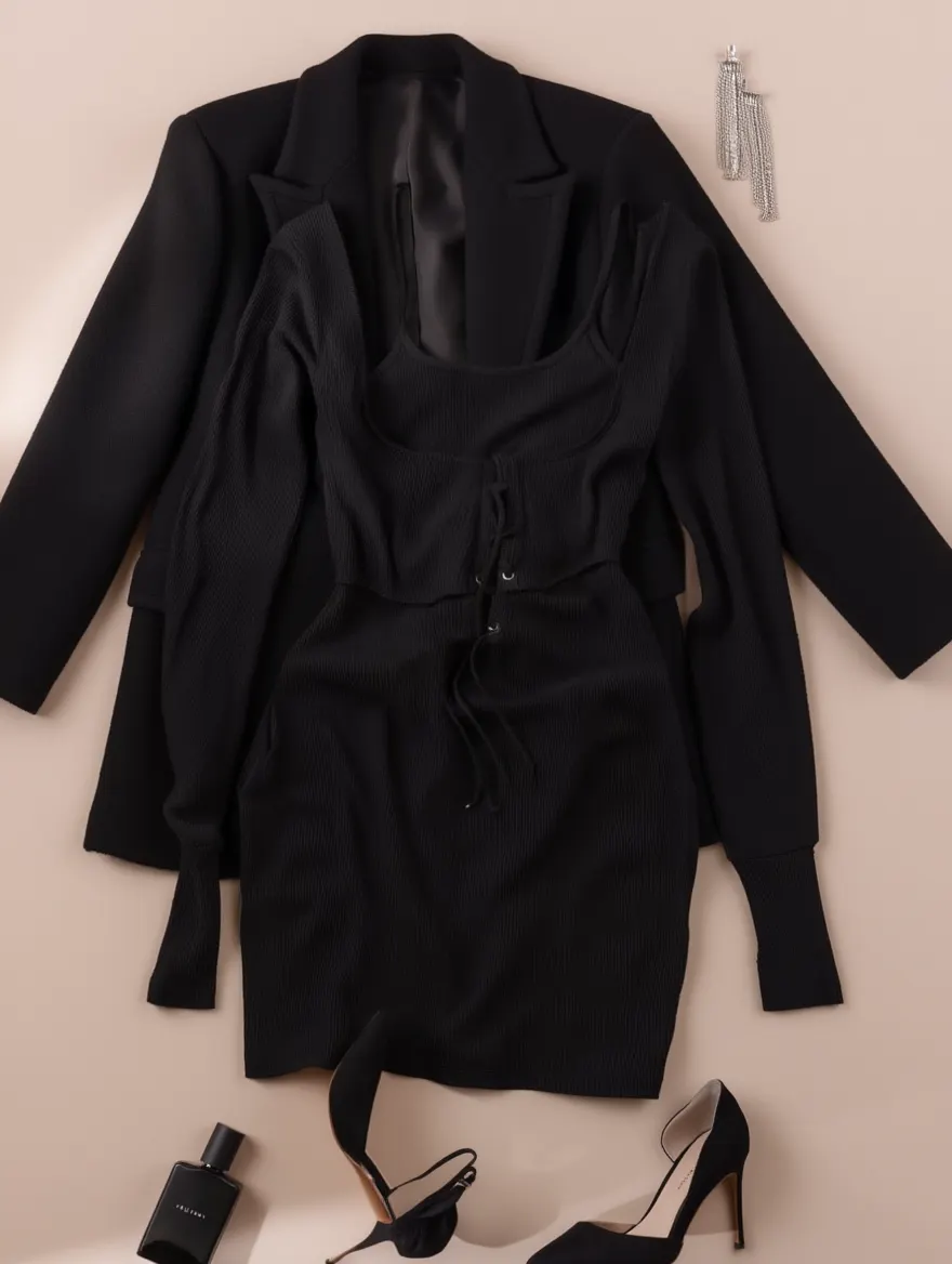 Outfit con Vestido Negro. Otras prendas y accesorios no incluidos.