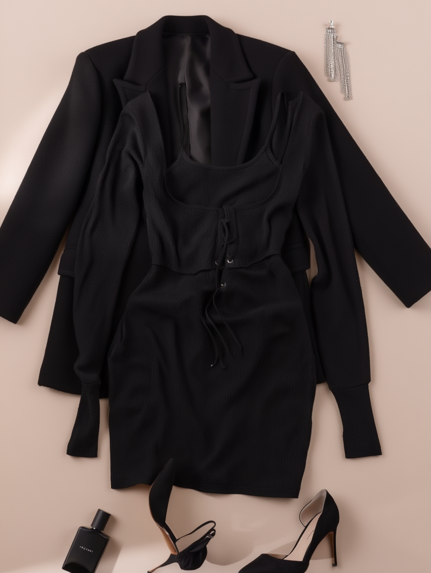 Outfit con Vestido Negro. Otras prendas y accesorios no incluidos.