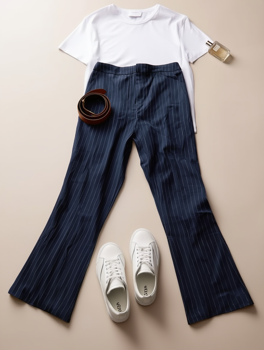 Outfit con Pantalón Acampanado Azul Marino a Rayas. Otras prendas y accesorios no incluidos.