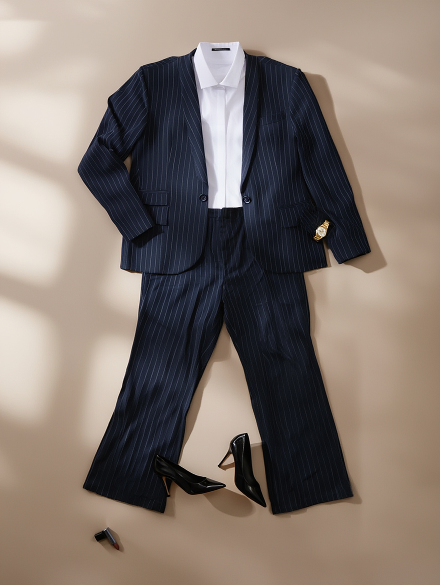 Outfit con Pantalón Acampanado Azul Marino a Rayas. Otras prendas y accesorios no incluidos.