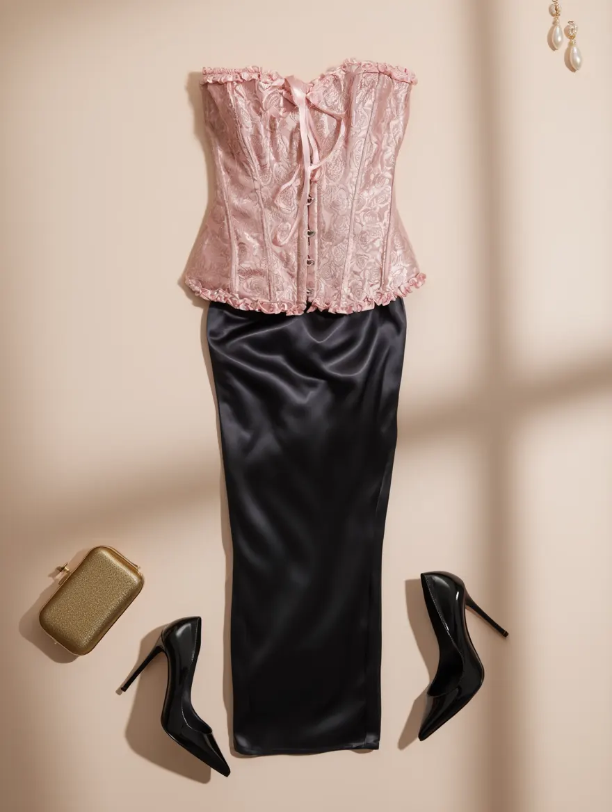 Outfit con Corsé Rosa con Patrón de Rosas. Otras prendas y accesorios no incluidos.