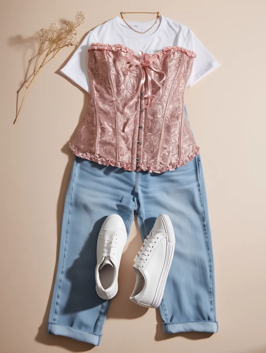 Outfit con Corsé Rosa con Patrón de Rosas. Otras prendas y accesorios no incluidos.