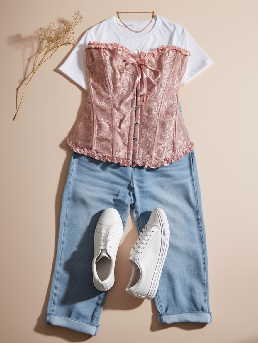Outfit con Corsé Rosa con Patrón de Rosas. Otras prendas y accesorios no incluidos.