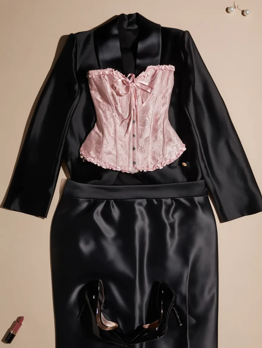 Outfit con Corsé Rosa con Patrón de Rosas. Otras prendas y accesorios no incluidos.