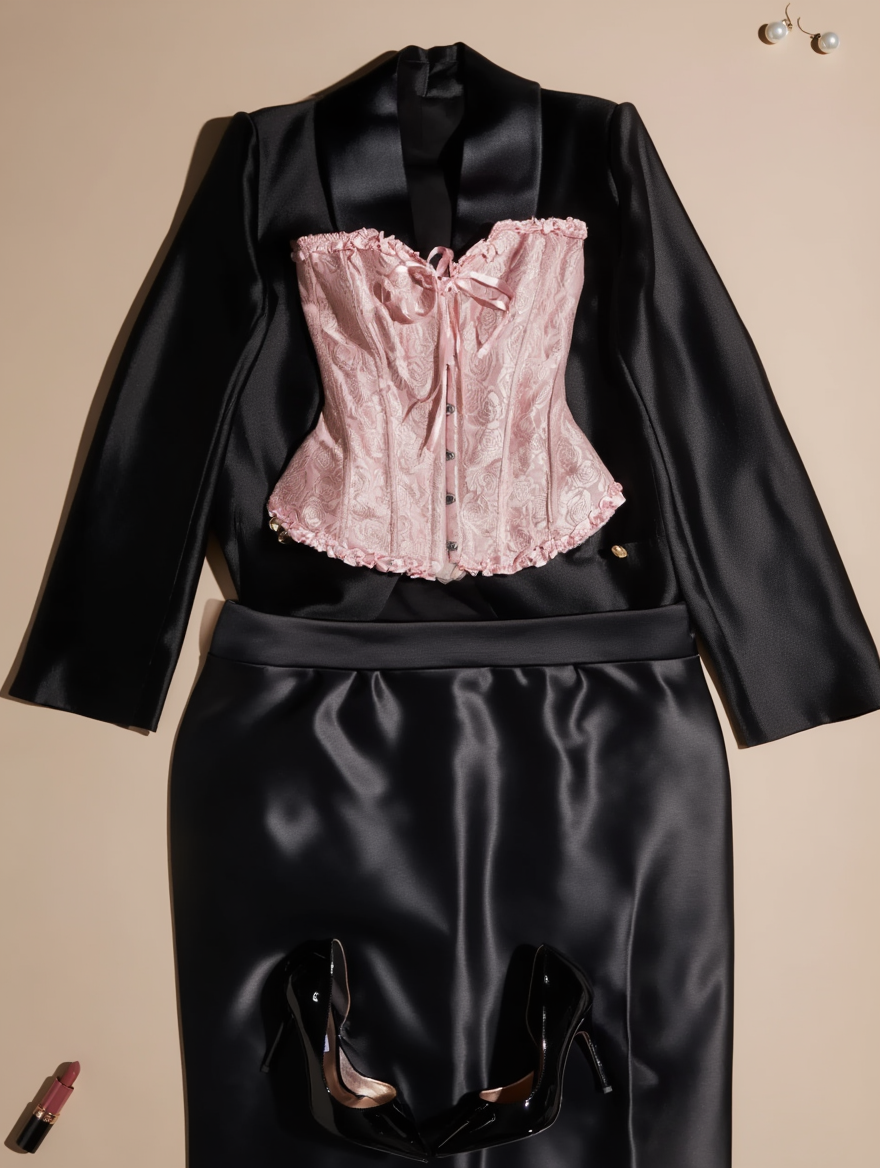 Outfit con Corsé Rosa con Patrón de Rosas. Otras prendas y accesorios no incluidos.