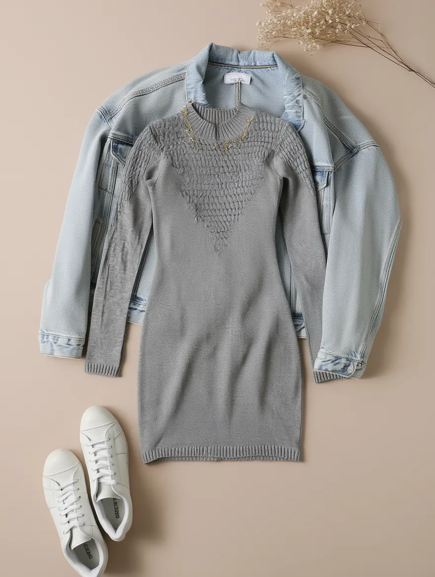Outfit con Vestido Gris de Punto. Otras prendas y accesorios no incluidos.