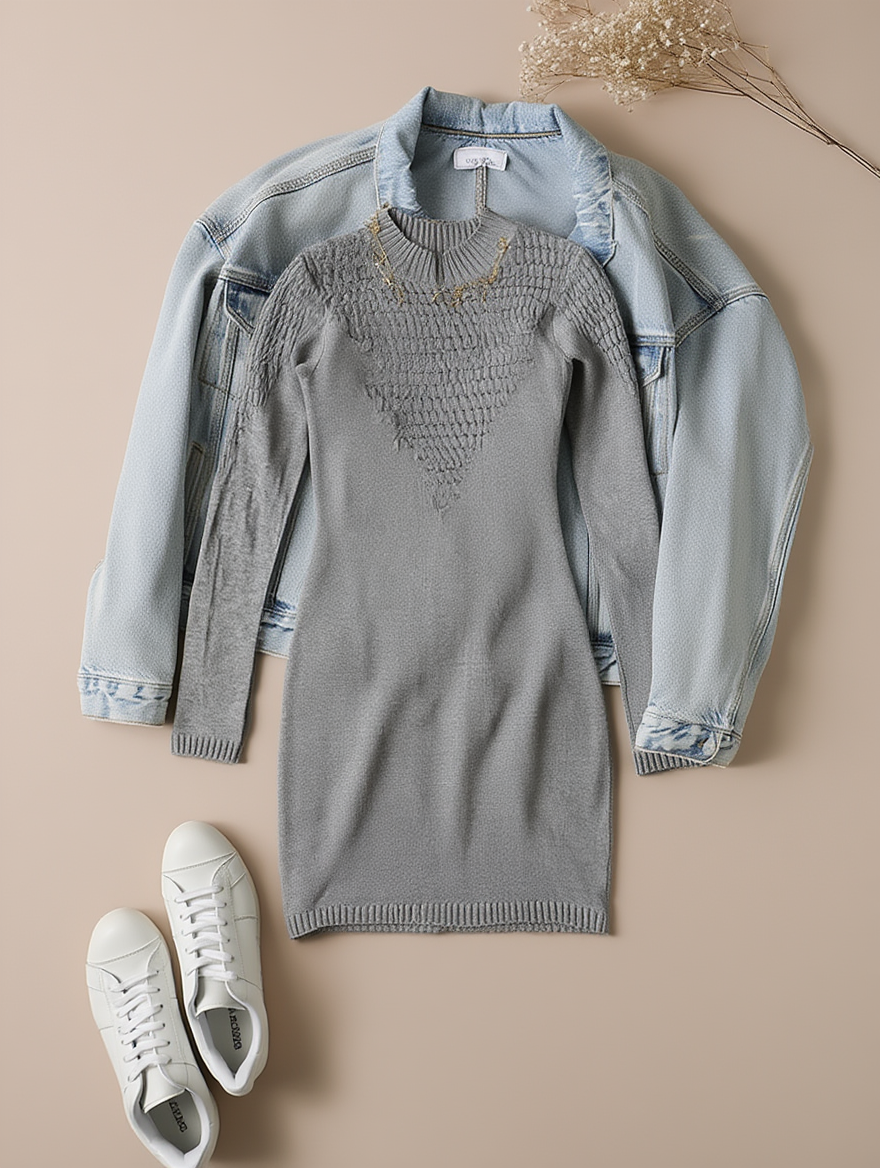 Outfit con Vestido Gris de Punto. Otras prendas y accesorios no incluidos.
