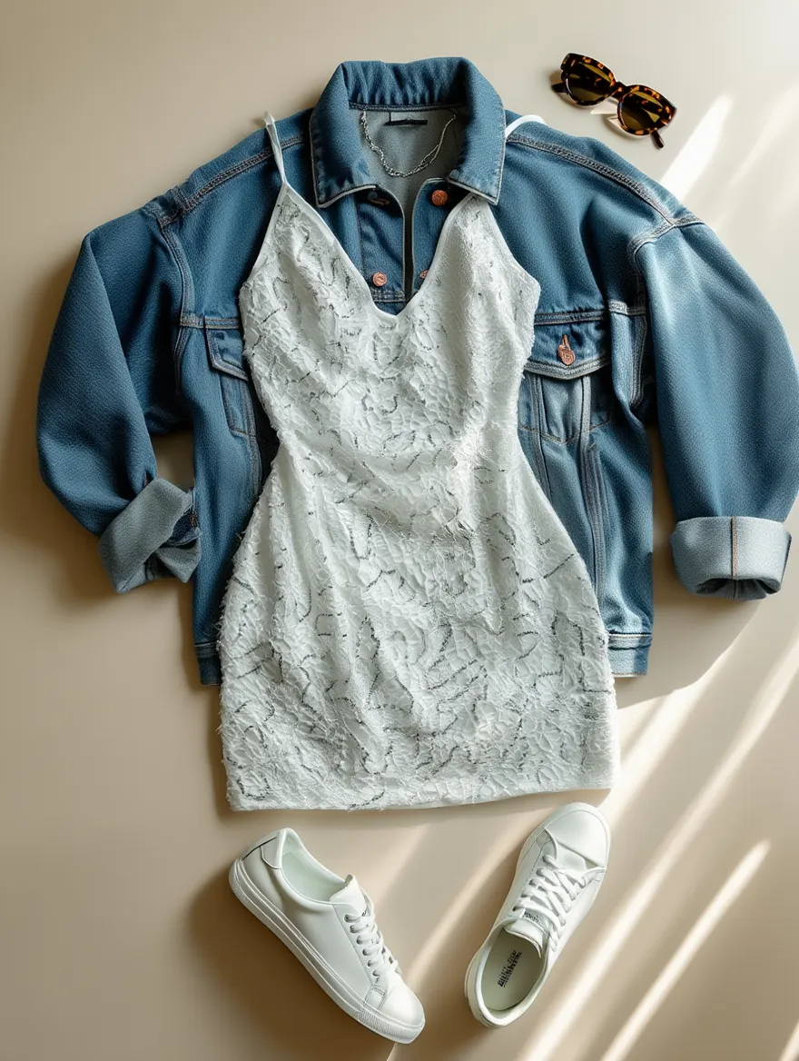 Outfit con Vestido Blanco con Tirantes de Encaje. Otras prendas y accesorios no incluidos.