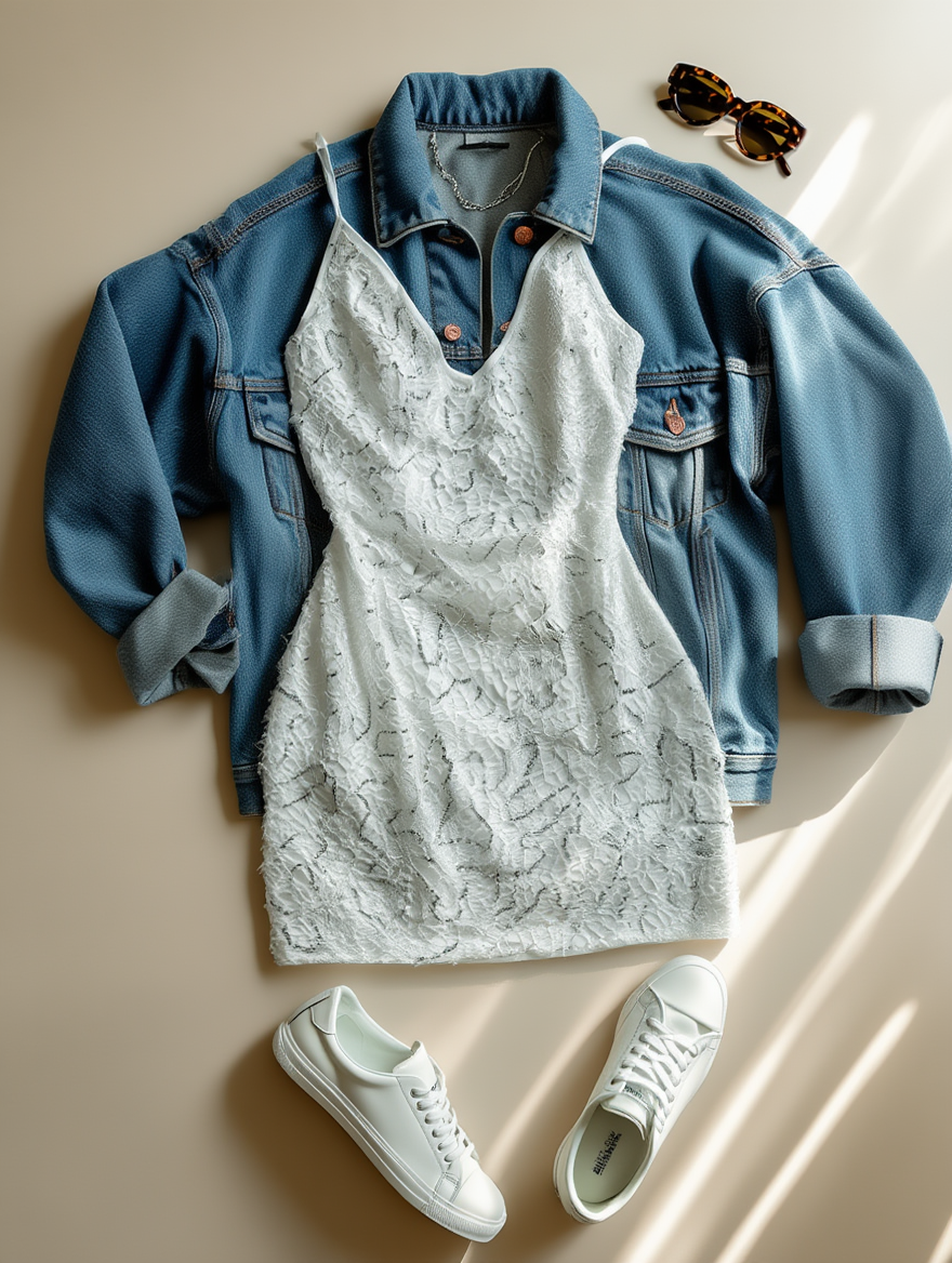 Outfit con Vestido Blanco con Tirantes de Encaje. Otras prendas y accesorios no incluidos.