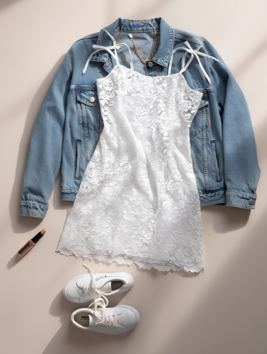 Outfit con Vestido Blanco con Tirantes de Encaje. Otras prendas y accesorios no incluidos.