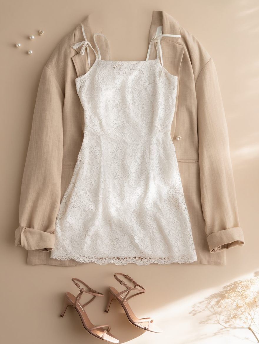 Outfit con Vestido Blanco con Tirantes de Encaje. Otras prendas y accesorios no incluidos.