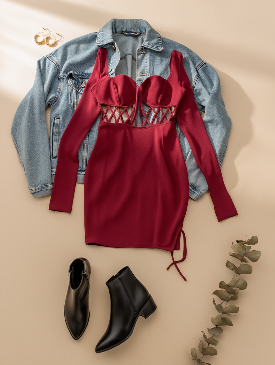 Outfit con Vestido Entallado Burdeos. Otras prendas y accesorios no incluidos.