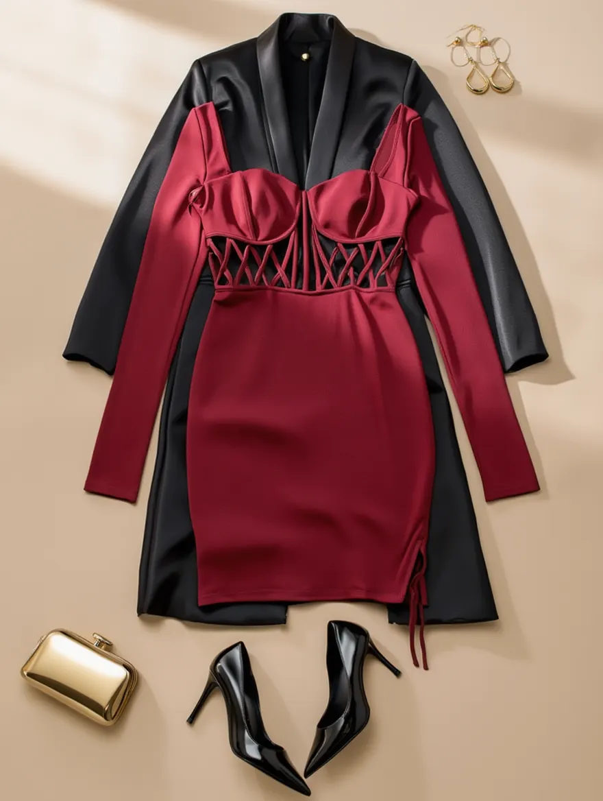 Outfit con Vestido Entallado Burdeos. Otras prendas y accesorios no incluidos.