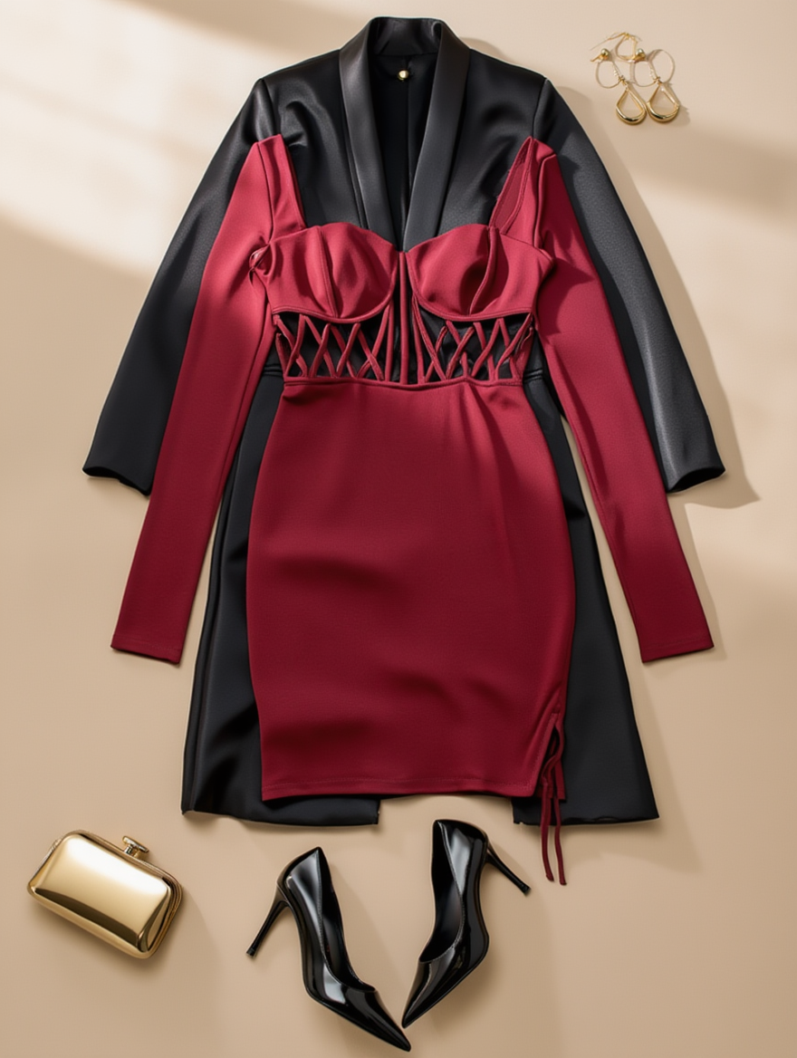 Outfit con Vestido Entallado Burdeos. Otras prendas y accesorios no incluidos.