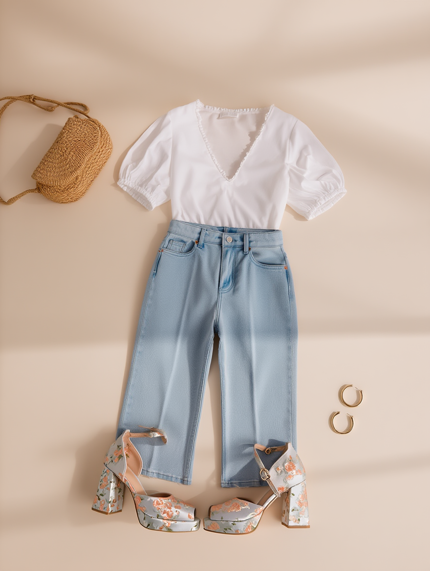 Outfit con Tacones de Bloque Florales con Correa al Tobillo. Otras prendas y accesorios no incluidos.