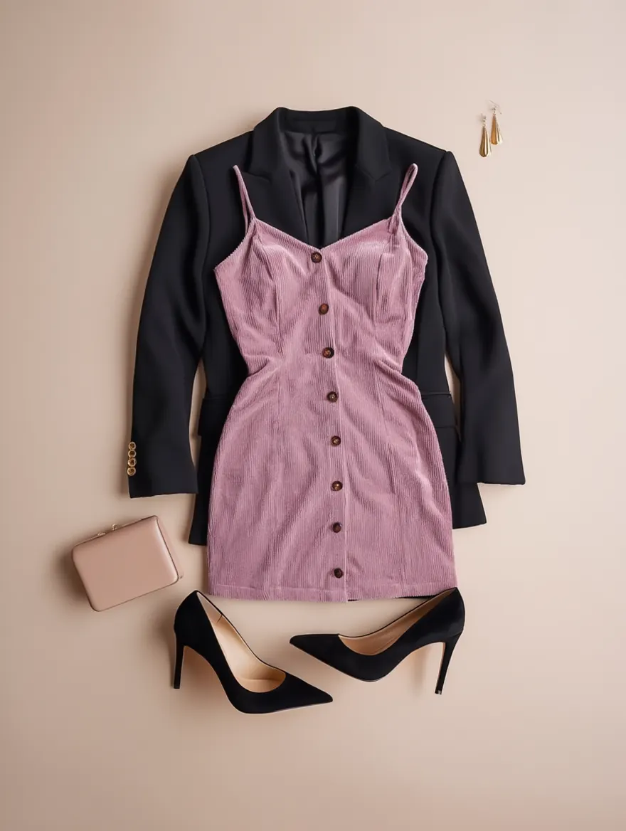 Outfit con Vestido Rosa de Pana con Botones. Otras prendas y accesorios no incluidos.