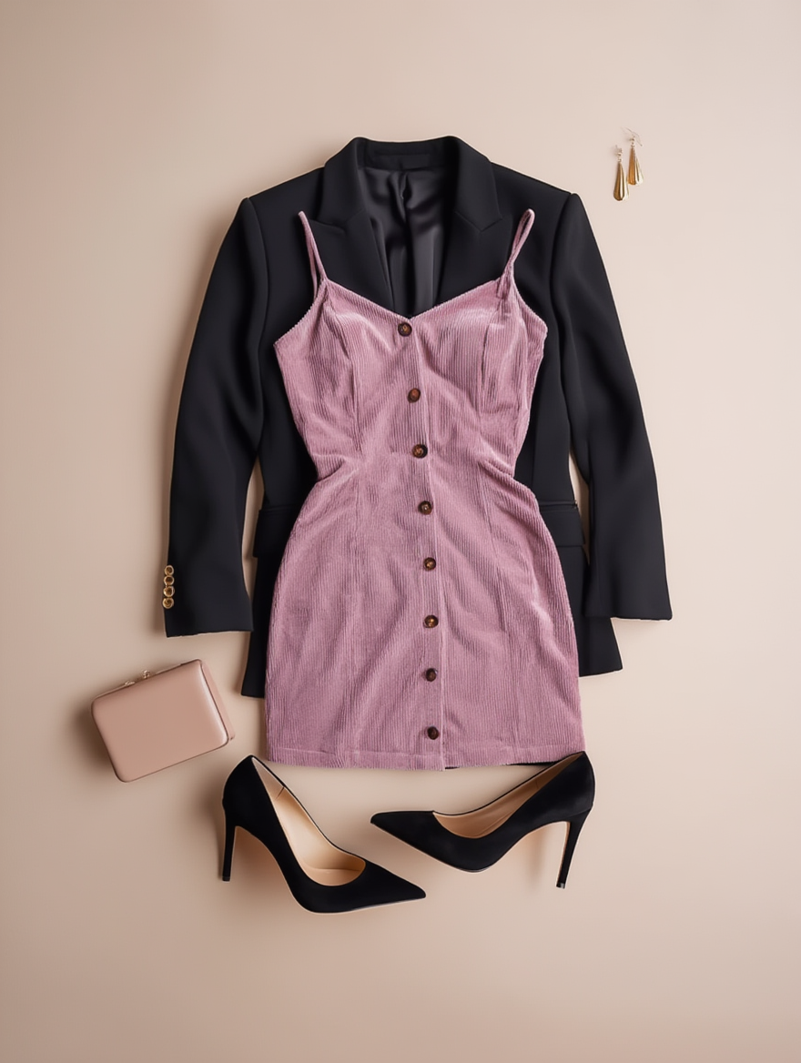 Outfit con Vestido Rosa de Pana con Botones. Otras prendas y accesorios no incluidos.