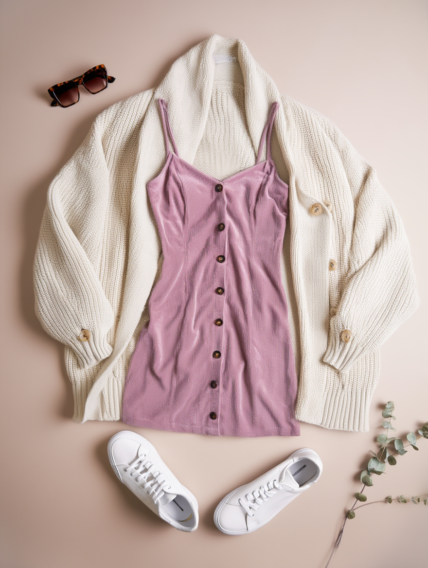Outfit con Vestido Rosa de Pana con Botones. Otras prendas y accesorios no incluidos.