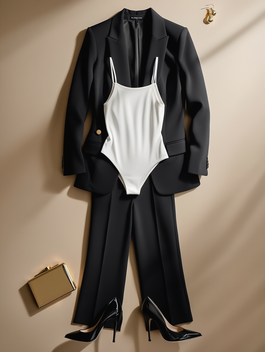 Outfit con Body Blanco Acanalado con Tirantes. Otras prendas y accesorios no incluidos.