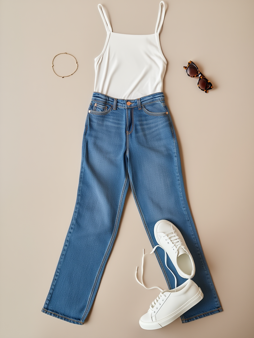 Outfit con Body Blanco Acanalado con Tirantes. Otras prendas y accesorios no incluidos.