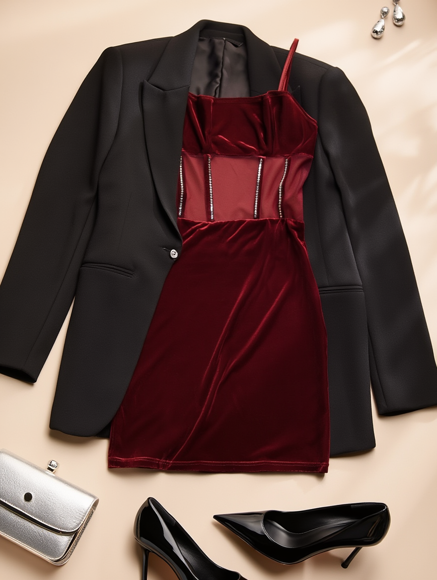 Outfit con Vestido Burdeos. Otras prendas y accesorios no incluidos.