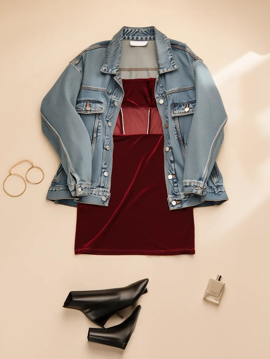 Outfit con Vestido Burdeos. Otras prendas y accesorios no incluidos.