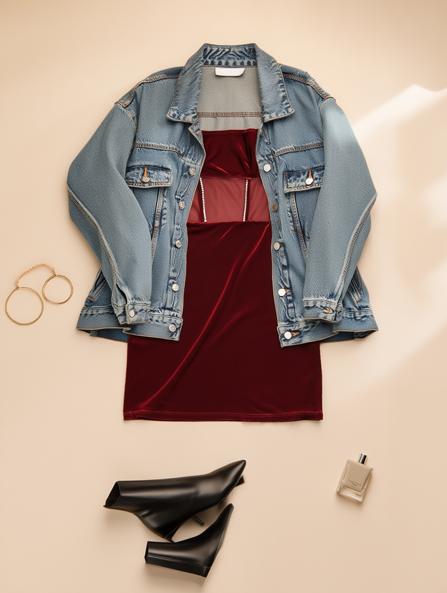 Outfit con Vestido Burdeos. Otras prendas y accesorios no incluidos.