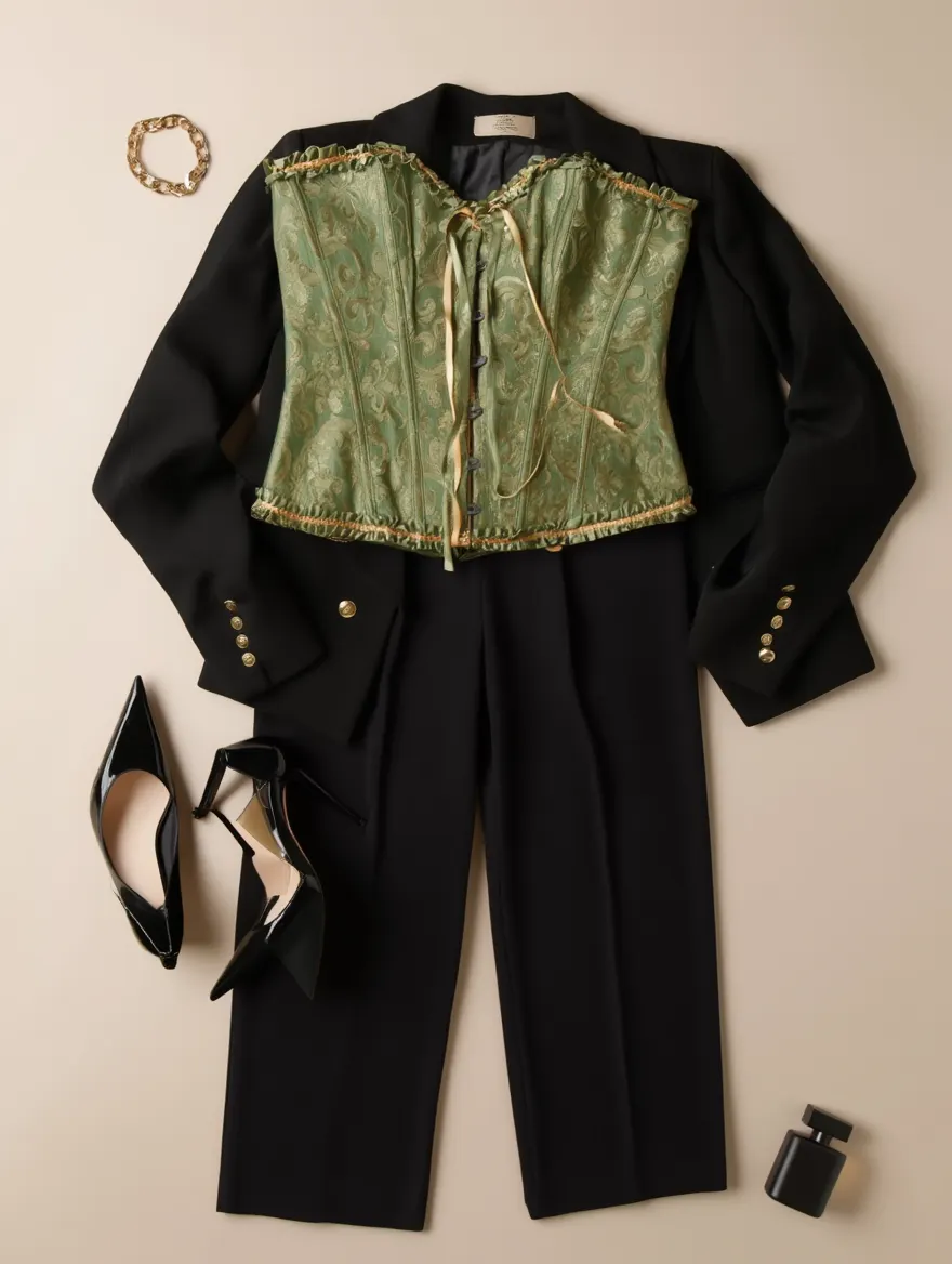 Outfit con Corsé Verde y Dorado Floral. Otras prendas y accesorios no incluidos.