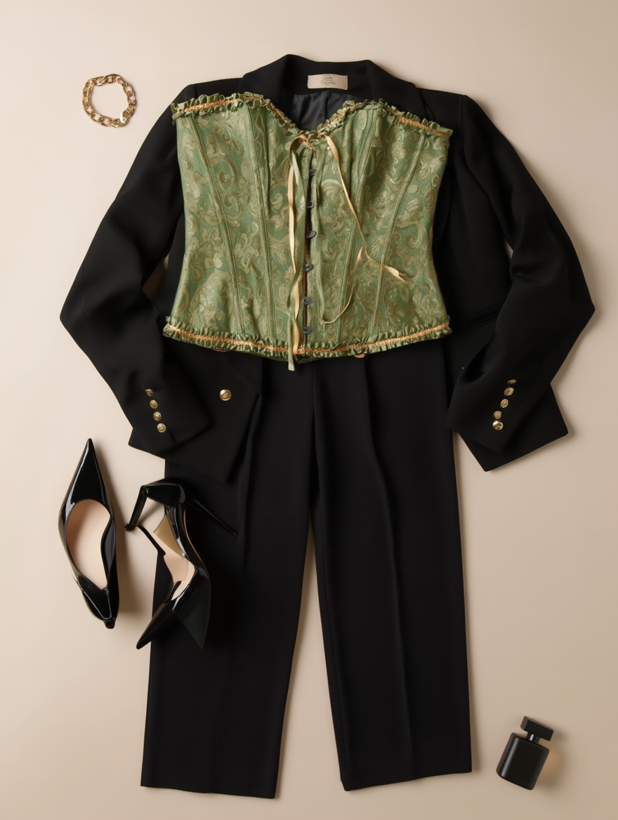 Outfit con Corsé Verde y Dorado Floral. Otras prendas y accesorios no incluidos.