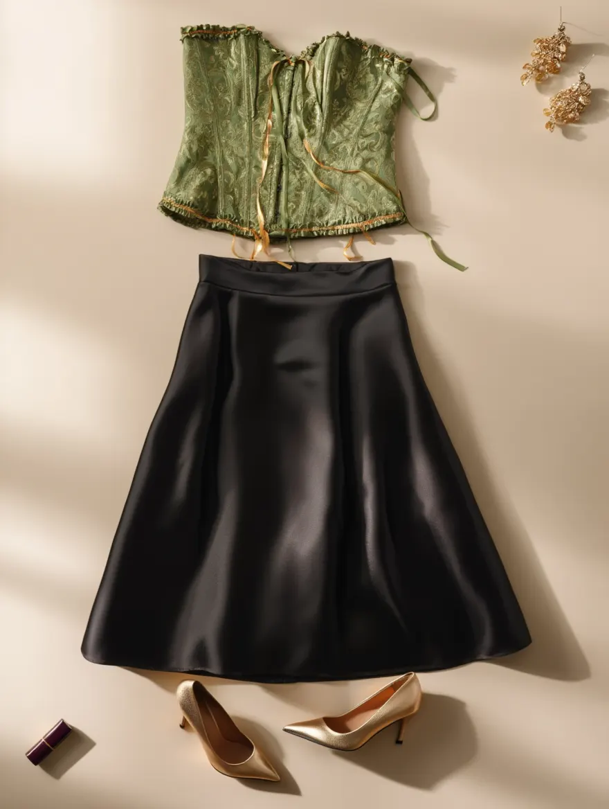 Outfit con Corsé Verde y Dorado Floral. Otras prendas y accesorios no incluidos.