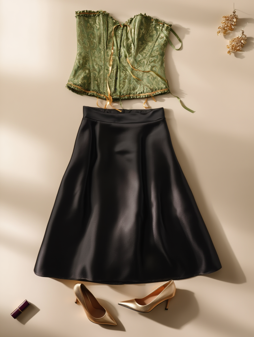 Outfit con Corsé Verde y Dorado Floral. Otras prendas y accesorios no incluidos.
